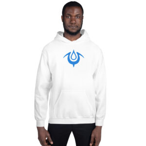 Fire Emblem Hoodie in white showing the bold blue Mark of the Exalt emblem, worn by a male model.