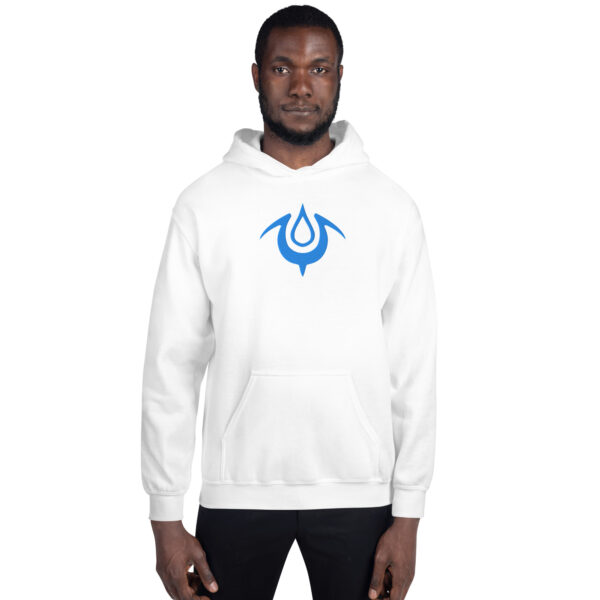 Fire Emblem Hoodie in white showing the bold blue Mark of the Exalt emblem, worn by a male model.