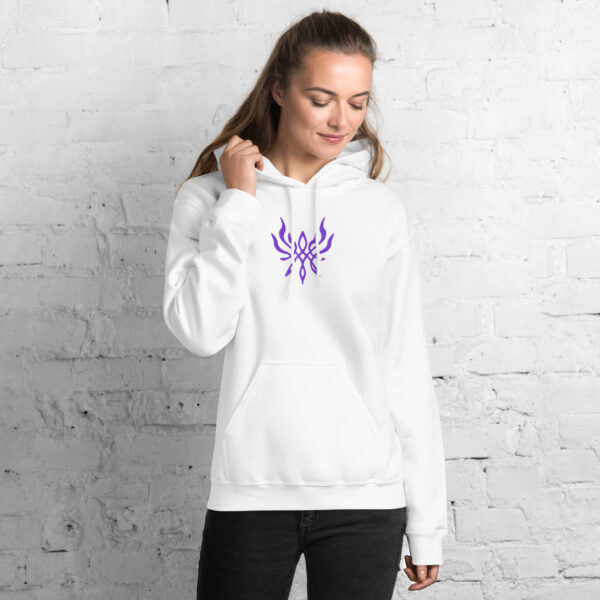 Fire Emblem Hoodie showing the Crest of Flames emblem embroidered in purple on a white unisex hoodie, modeled by a woman.