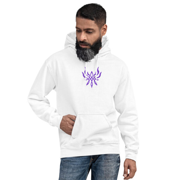 Fire Emblem Hoodie with the Crest of Flames symbol in purple embroidery on a white unisex hoodie, modeled by a man.
