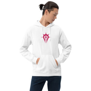 Duma Faithful - Unisex Embroidered Hoodie Fire Emblem Hoodie with pink Duma Faithful crest embroidered on a white unisex hoodie, modeled while looking aside.