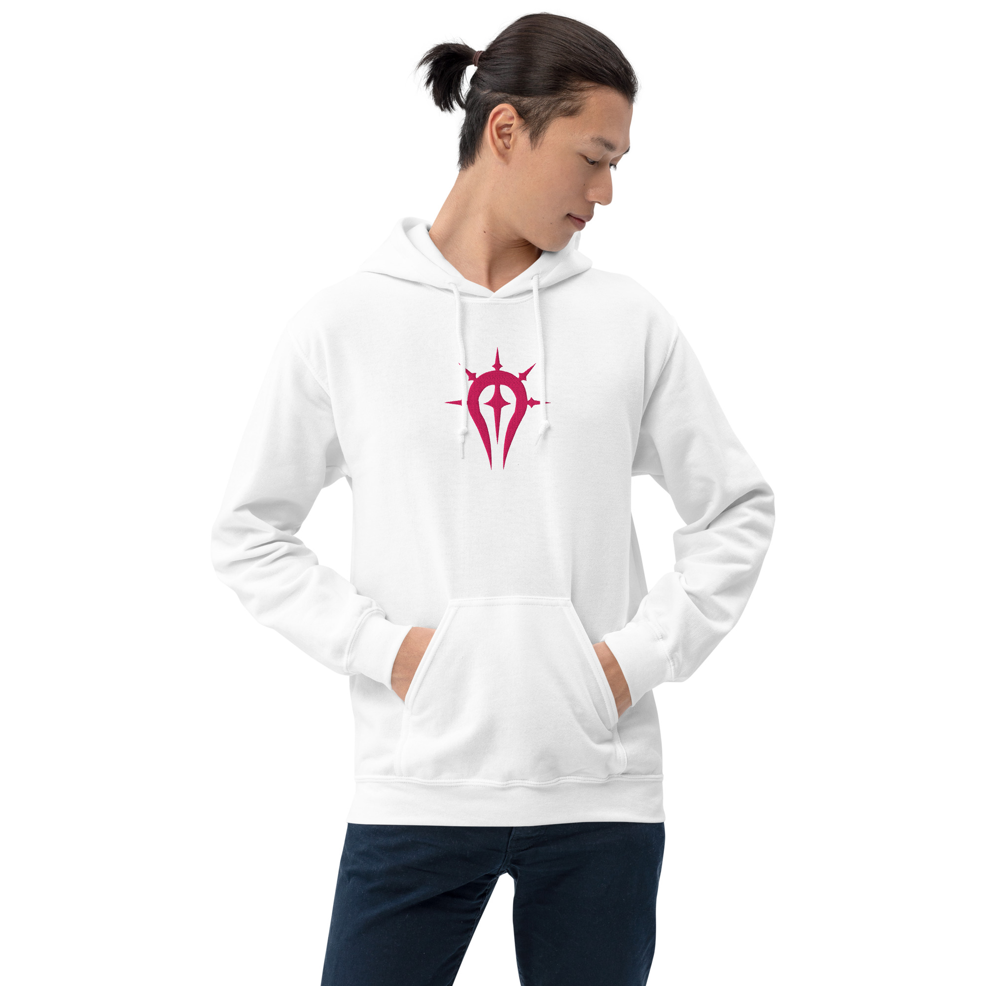 Duma Faithful - Unisex Embroidered Hoodie Fire Emblem Hoodie with pink Duma Faithful crest embroidered on a white unisex hoodie, modeled while looking aside.