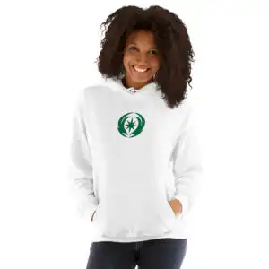 Fire Emblem Hoodie with green Revelation crest worn by woman in white unisex hoodie.