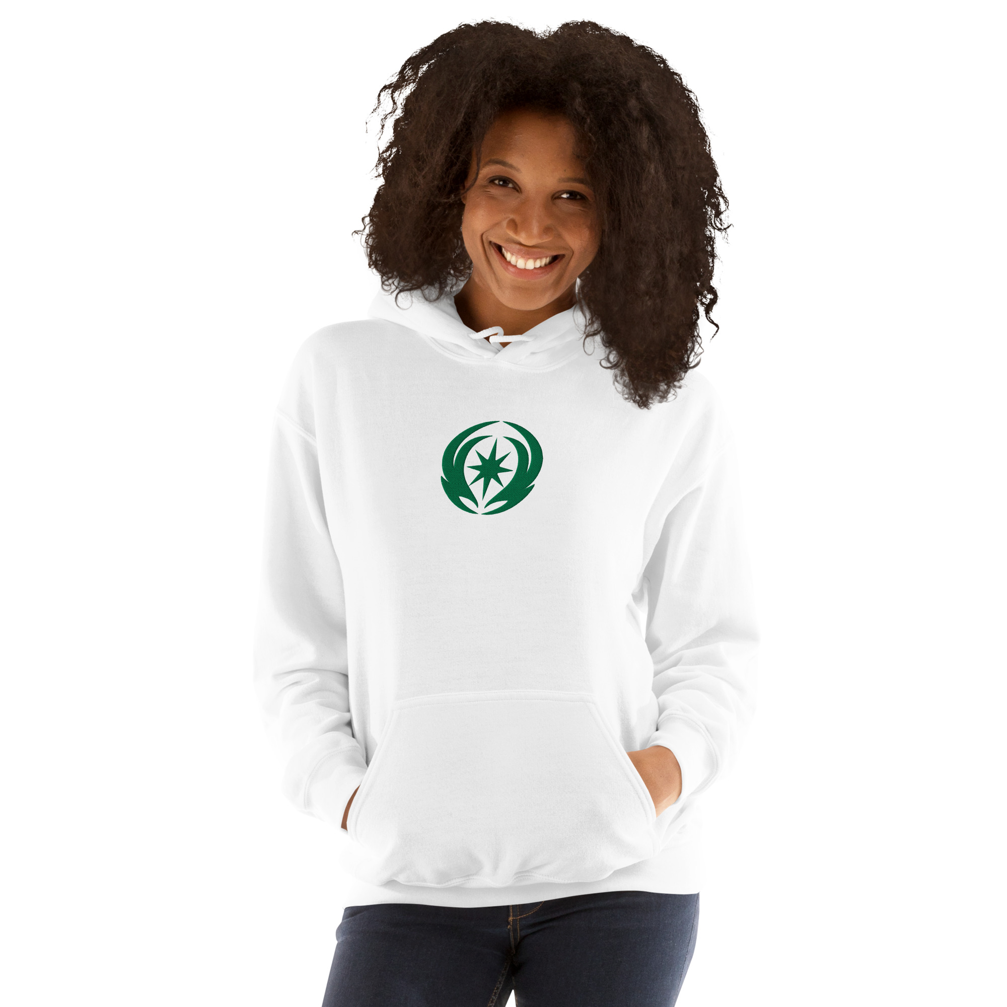 Revelation - Unisex Embroidered Hoodie Fire Emblem Hoodie with green Revelation crest worn by woman in white unisex hoodie.