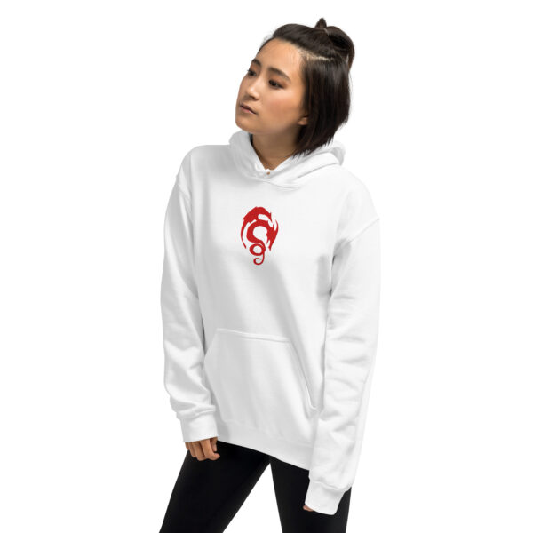 Fire Emblem Hoodie showing FE4’s sinister Loptous Tome crest in red, stitched on a white unisex hoodie.