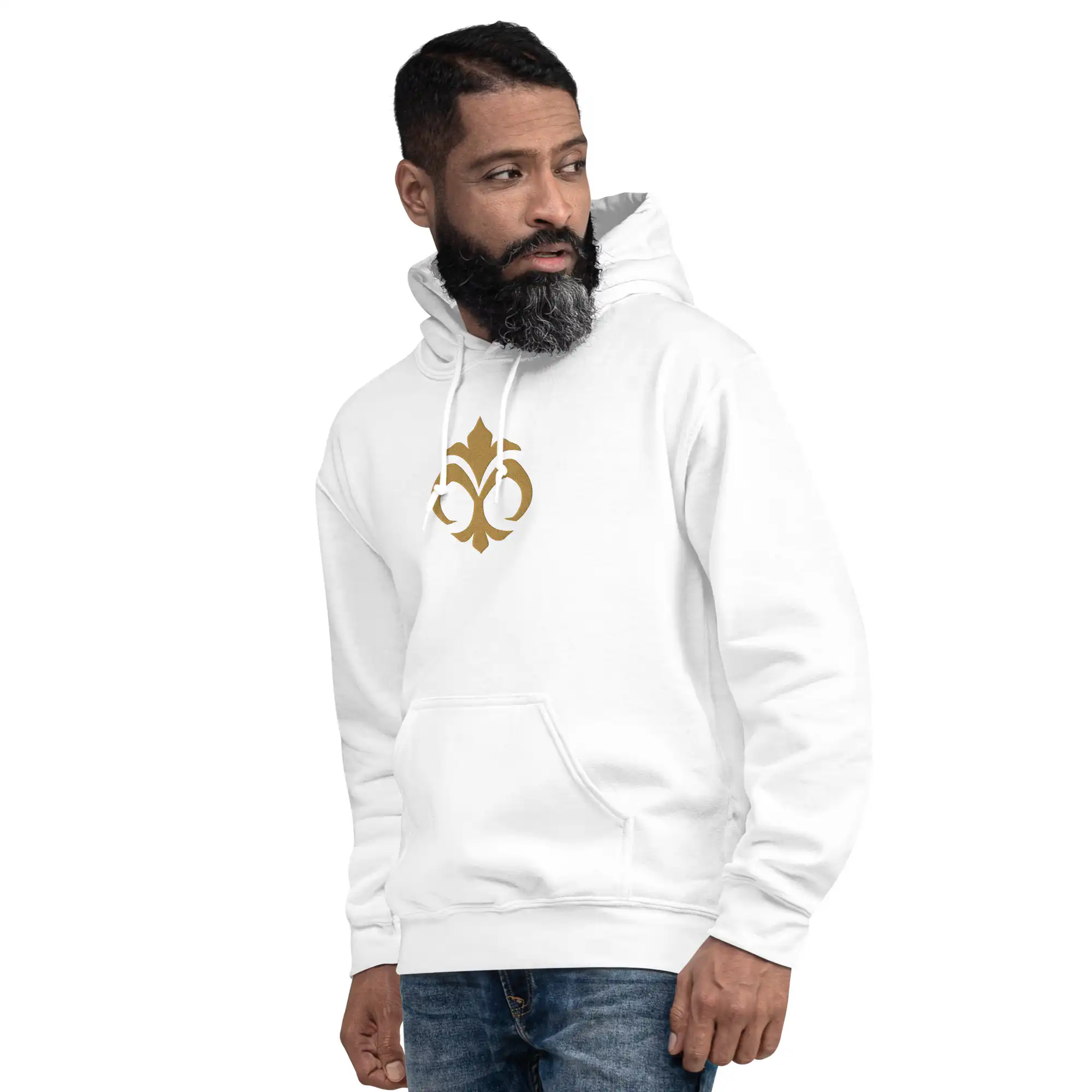 Emblem of Mila - Embroidered Unisex Hoodie Fire Emblem Hoodie showing Emblem of Mila embroidery on white fabric.