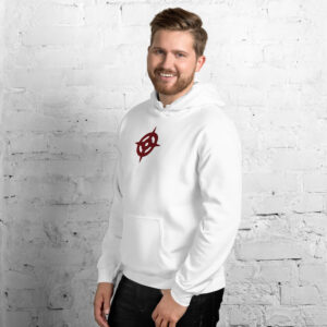 Hoshido - Unisex Embroidered Hoodie Fire Emblem Hoodie with embroidered Hoshido symbol, male model smiling in white hoodie.