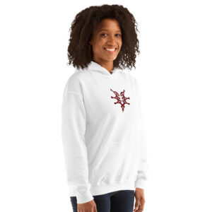 Fire Emblem Hoodie in white embroidered with the red Grimleal crest, modeled by smiling woman with hands in pockets.