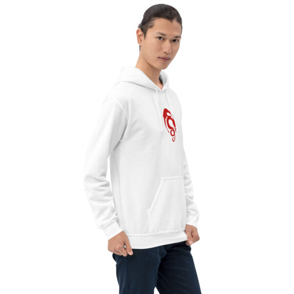 Fire Emblem Hoodie with red Loptous Tome embroidery from Genealogy of the Holy War, modeled in white.