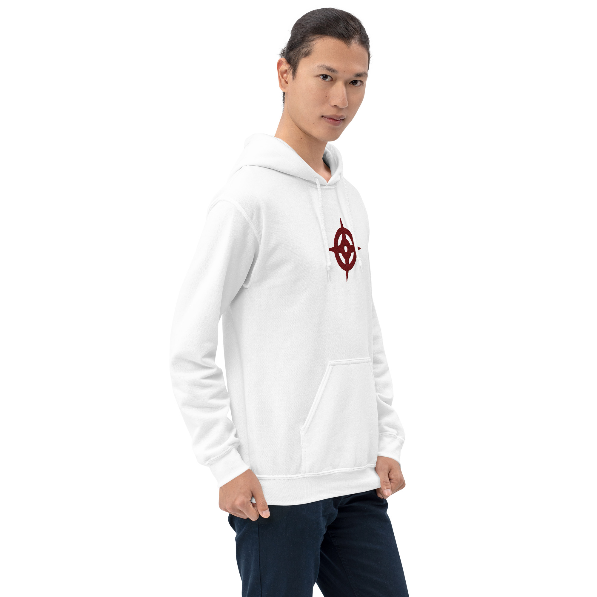 Hoshido - Unisex Embroidered Hoodie Fire Emblem Hoodie with Hoshido crest, model wearing white hoodie facing forward.