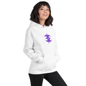 Nohr - Unisex Embroidered Hoodie Fire Emblem Hoodie in white embroidered with the purple Nohr symbol, modeled by a woman with dark hair.