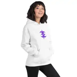 Fire Emblem Hoodie in white embroidered with the purple Nohr symbol, modeled by a woman with dark hair.
