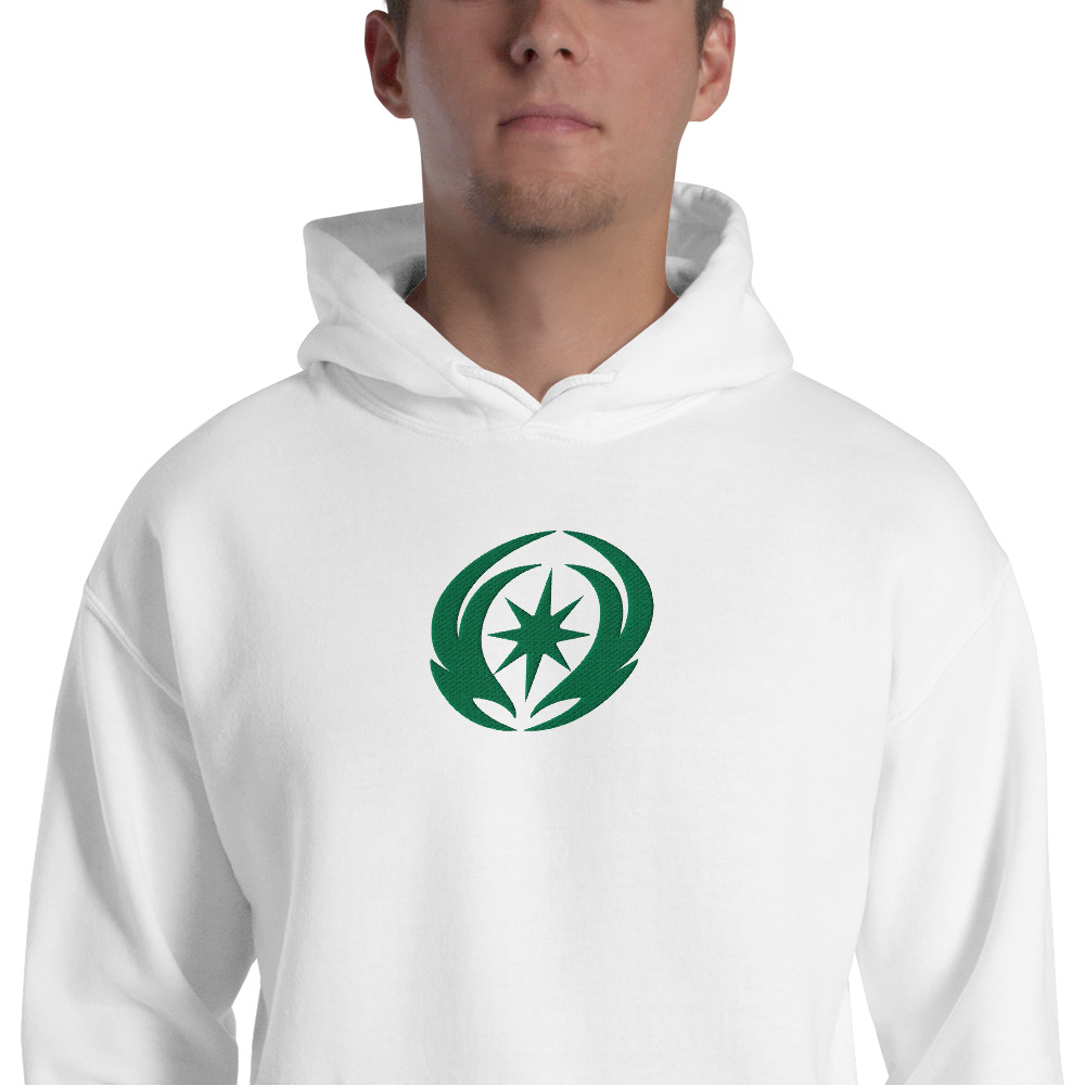 Revelation - Unisex Embroidered Hoodie Fire Emblem Hoodie with green Valla Revelation emblem embroidered on white unisex hoodie.