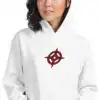 Fire Emblem Hoodie with embroidered red Hoshido crest, close-up view of design on white hoodie.