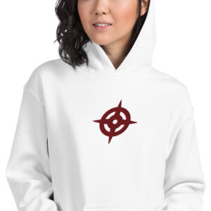 Fire Emblem Hoodie with embroidered red Hoshido crest, close-up view of design on white hoodie.