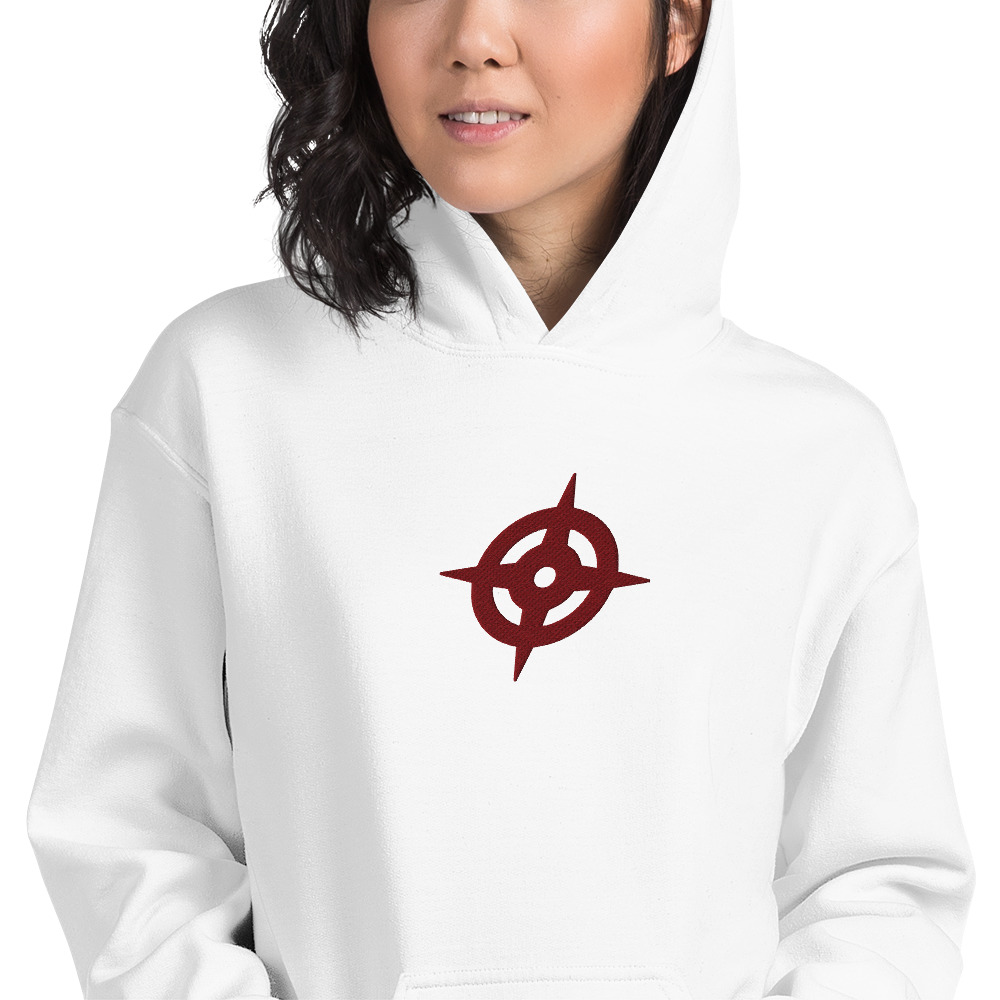 Hoshido - Unisex Embroidered Hoodie Fire Emblem Hoodie with embroidered red Hoshido crest, close-up view of design on white hoodie.