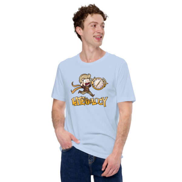 FEHology shirt in light blue with the Lateology design, worn by a smiling man.