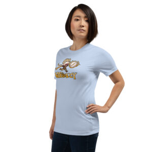 FEHology shirt in light blue with Lateology artwork, worn by a woman with hand on hip.