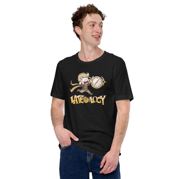 FEHology shirt in black featuring the Lateology clock artwork, modeled casually.