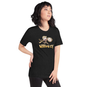 FEHology shirt in black with Lateology graphic, worn by a woman looking aside.