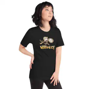 FEHology shirt in black with Lateology graphic, worn by a woman looking aside.