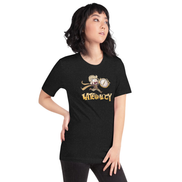 FEHology shirt in black with Lateology graphic, worn by a woman looking aside.