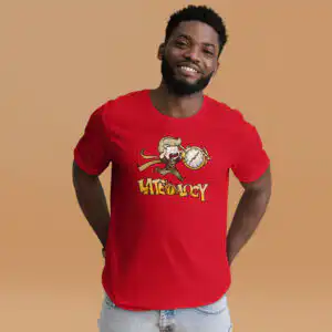 FEHology shirt in red featuring the Lateology meme design, modeled with hands in pockets.