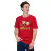 Lateology - Unisex Tee FEHology shirt in red with the Lateology artwork, modeled by a smiling man.