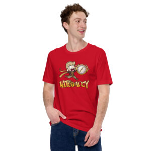 FEHology shirt in red with the Lateology artwork, modeled by a smiling man.