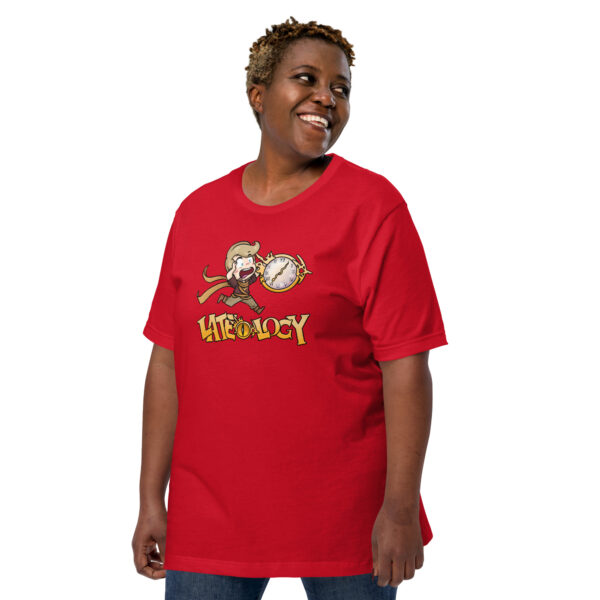 FEHology shirt in red featuring the Lateology design, modeled by a woman smiling.