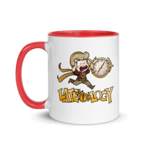 FEHology Mug showing Joel running with a clock and Lateology text, printed on white ceramic with red handle.