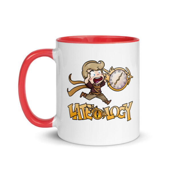 FEHology Mug showing Joel running with a clock and Lateology text, printed on white ceramic with red handle.
