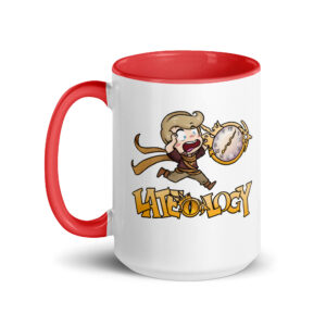 FEHology Mug featuring the Lateology design with Joel chibi character and clock, red interior accent.