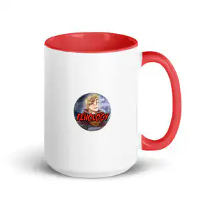 FEHology Mug with red handle and interior, featuring the Lateology chibi Joel design on one side.