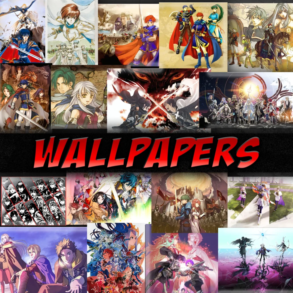 Fire Emblem Wallpaper thumbnail featuring a collage of artwork from every mainline game, including iconic characters like Marth, Ike, Roy, Chrom, and Alear, with bold red “Wallpapers” text across the center.