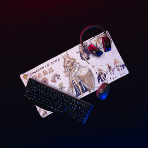 16x32 Fire Emblem Desk Mat with Sharena concept art displayed on a gaming setup with keyboard, mouse, and headset in neon lighting.