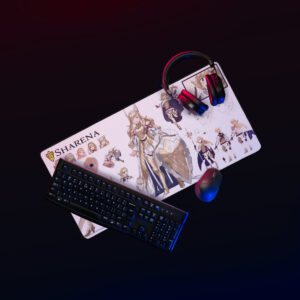 16x32 Fire Emblem Desk Mat with Sharena concept art displayed on a gaming setup with keyboard, mouse, and headset in neon lighting.