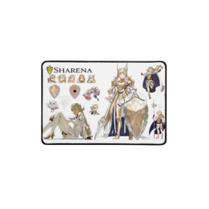 12x18 Fire Emblem Desk Mat displaying Sharena’s armor design, expressions, and early concept sketches on a clean white background.