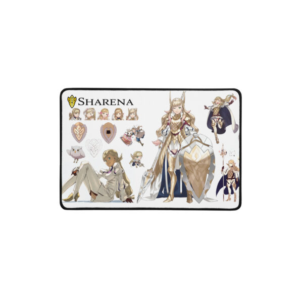 12x18 Fire Emblem Desk Mat displaying Sharena’s armor design, expressions, and early concept sketches on a clean white background.