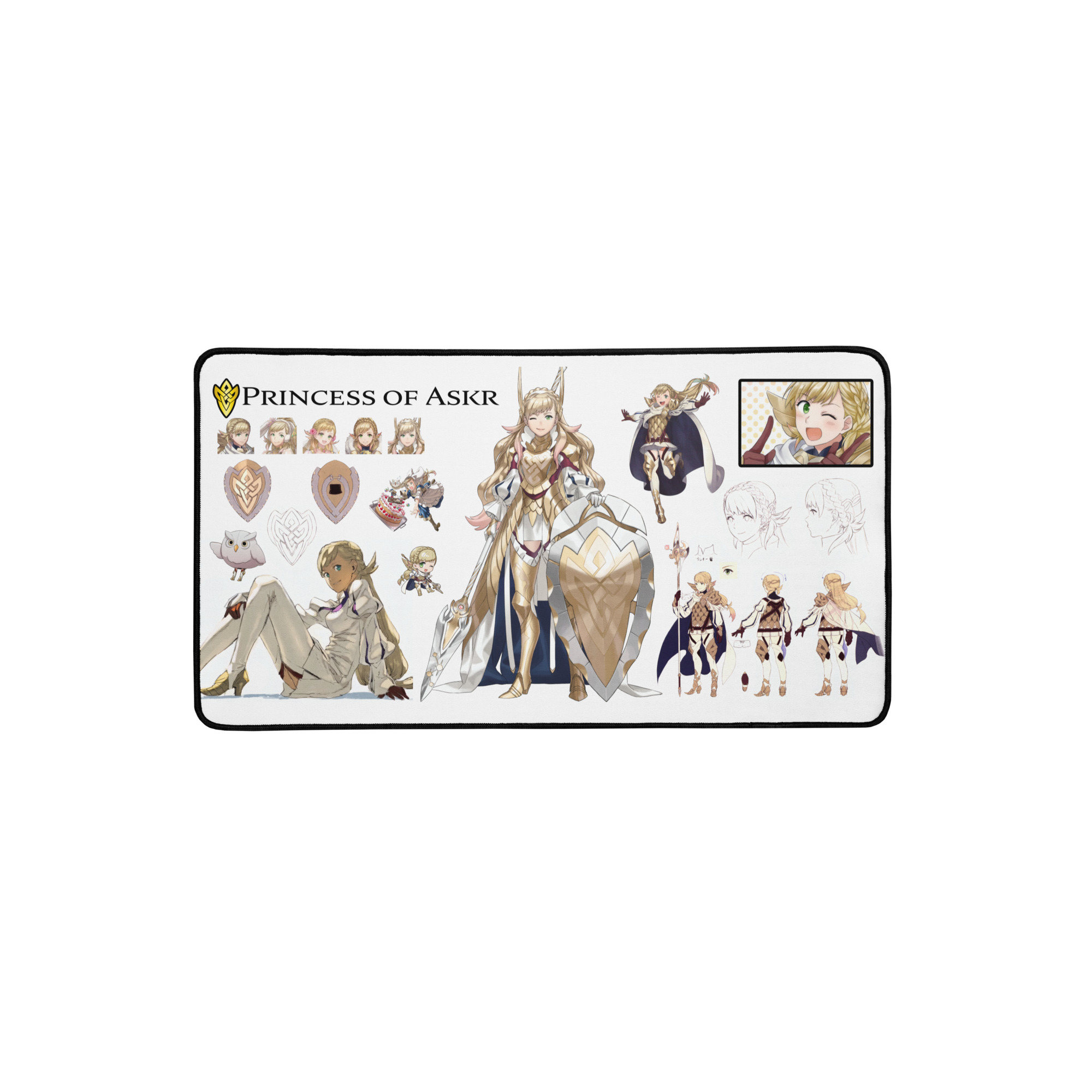 Sharena Concept Art - Desk Mat 12x22 Fire Emblem Desk Mat highlighting Sharena’s detailed concept art sketches and full character design from Fire Emblem Heroes.