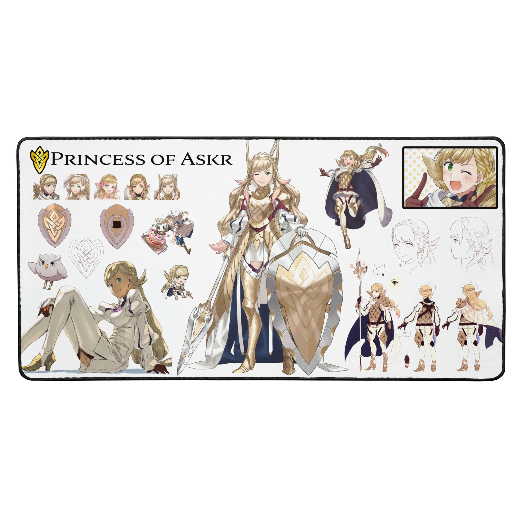 Sharena Concept Art - Desk Mat 16x32 Fire Emblem Desk Mat close-up of Sharena concept art showing full character artwork, pose variations, and design details.