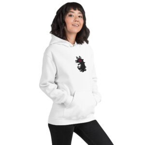 Shadows - Unisex Hoodie A woman wearing the white Fire Emblem Hoodie with the Shadows design, hands in pockets.