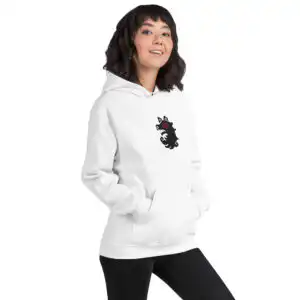 A woman wearing the white Fire Emblem Hoodie with the Shadows design, hands in pockets.