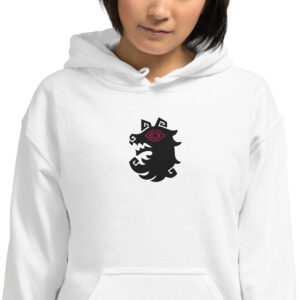 A woman wearing the white Fire Emblem Hoodie featuring the Shadows wolf emblem in black and red embroidery.