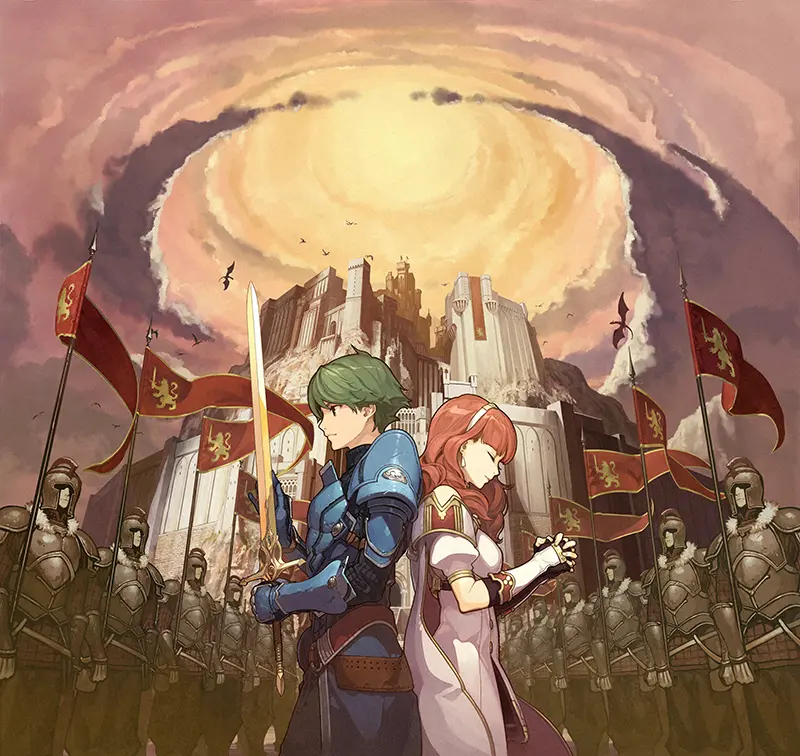 My Fire Emblem Wallpaper Collection (One Per Game) Fire Emblem wallpapers – FE15 Echoes Shadows of Valentia Alm and Celica back to back before a fortress and army.
