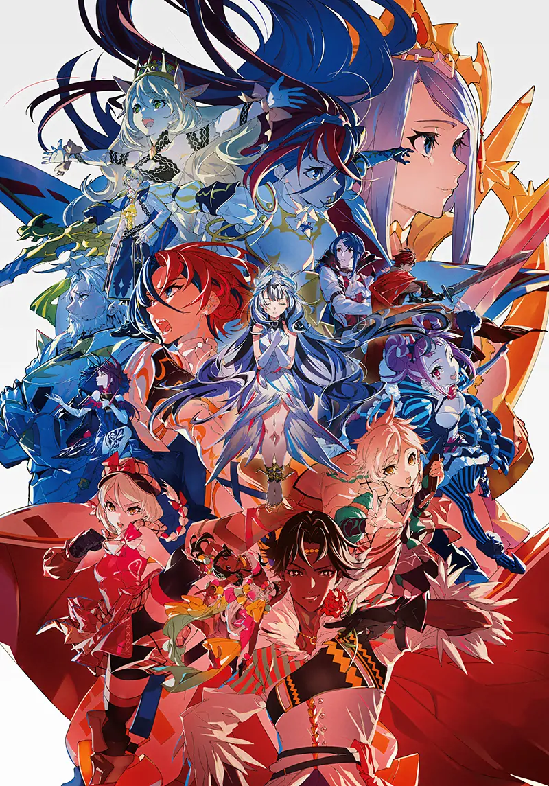 My Fire Emblem Wallpaper Collection (One Per Game) Fire Emblem wallpapers – FE17 Engage collage of Alear and Emblem heroes in bright red and blue style.