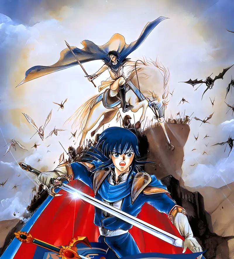 My Fire Emblem Wallpaper Collection (One Per Game) Fire Emblem wallpapers – FE4 Genealogy of the Holy War box art with Seliph, Quan, and pegasus knights charging into battle.