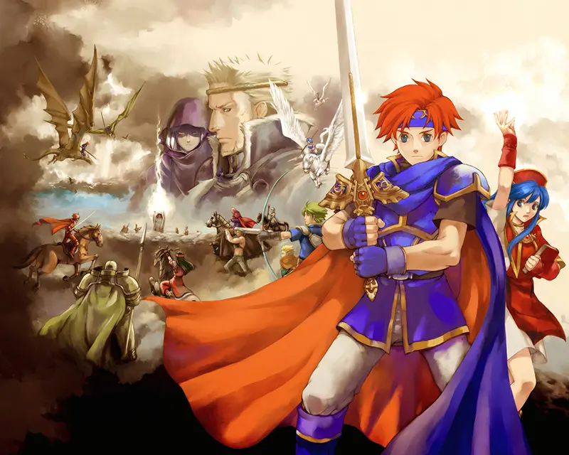 My Fire Emblem Wallpaper Collection (One Per Game) Fire Emblem wallpapers – FE6 The Binding Blade Roy holding the Sword of Seals with his army and dragons behind him.