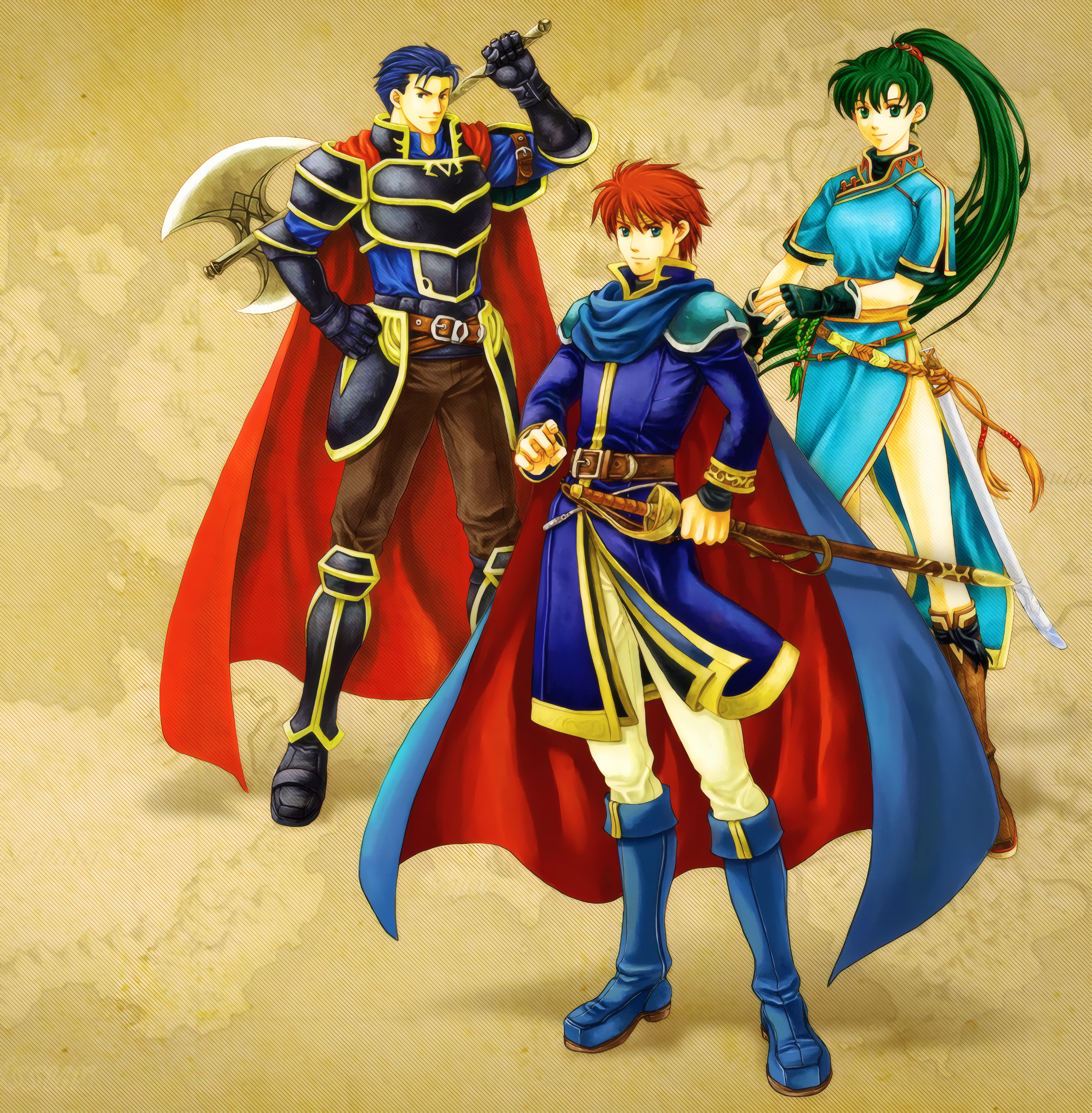My Fire Emblem Wallpaper Collection (One Per Game) Fire Emblem wallpapers – FE7 The Blazing Blade trio hero illustration.