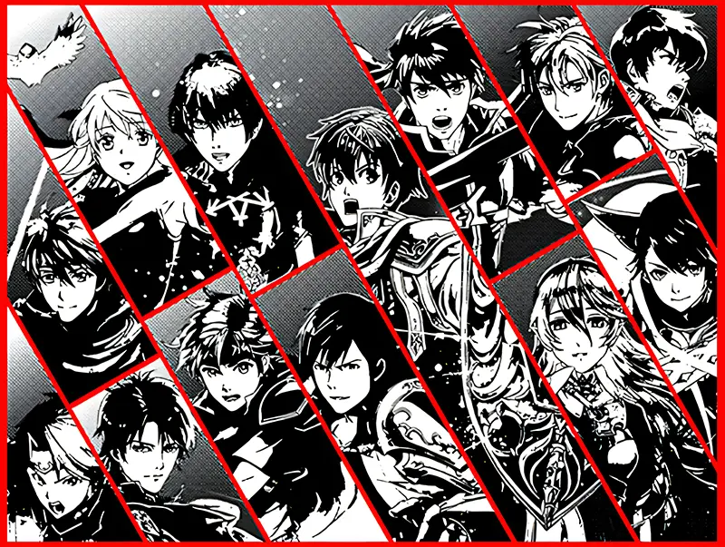 My Fire Emblem Wallpaper Collection (One Per Game) Fire Emblem wallpapers – Fire Emblem Cipher monochrome lineup of lords framed by bold red panels.